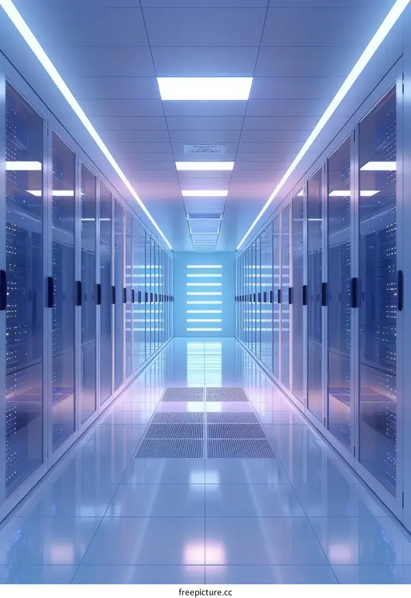 Empty Server Room With Rows of Glass Doors
