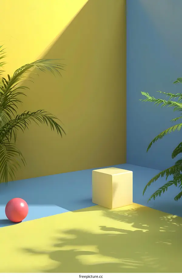 Yellow and Blue Minimalist 3D Room with Palm Trees