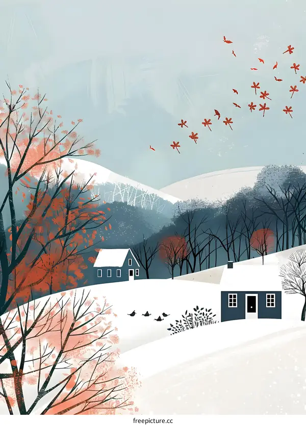 Winter Landscape With Houses and Birds
