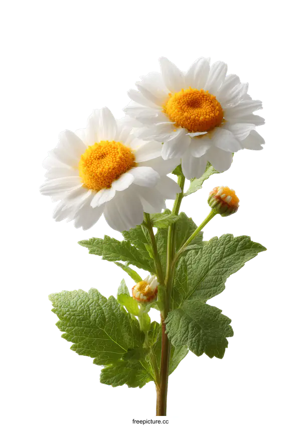 [Transparent Background PNG]Closeup of Two White Daisies with Green Leaves
