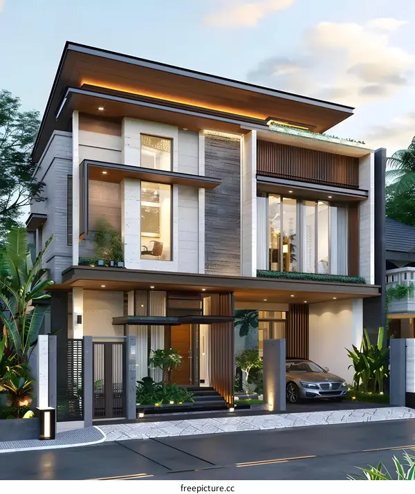 Modern House Design With Large Windows And A Wooden Roof