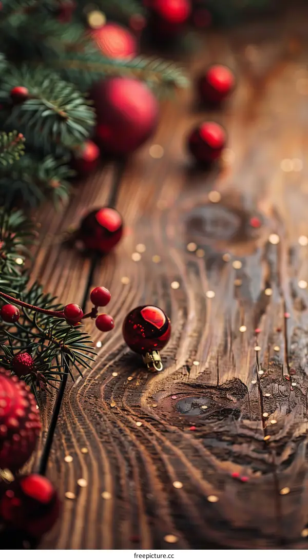 Red and green Christmas ornaments on a wooden background
