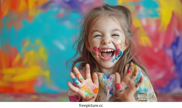 A joyful girl covered in paint
