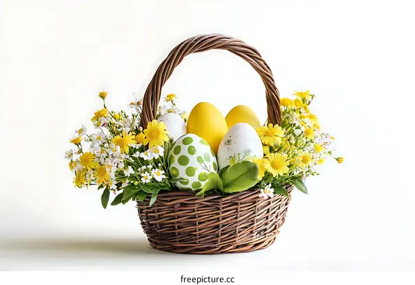 Easter Basket with Colorful Eggs and Flowers