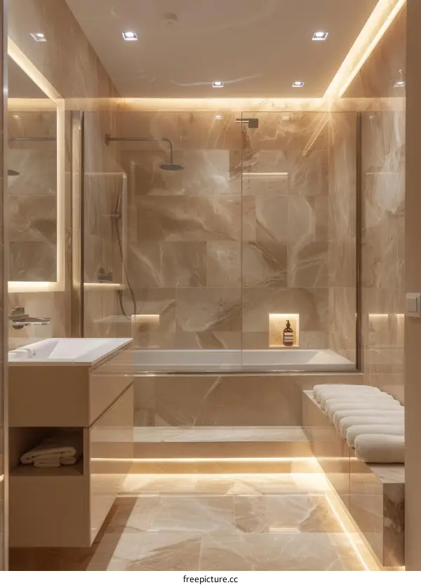 Modern Luxurious Beige Marble Bathroom Design