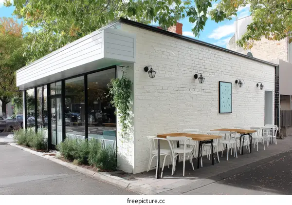 Modern Cafe Exterior with Outdoor Seating Area