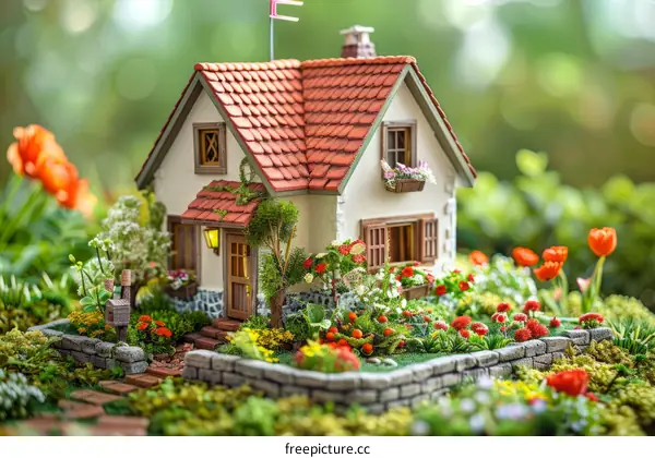 A miniature house surrounded by a garden with flowers and plants
