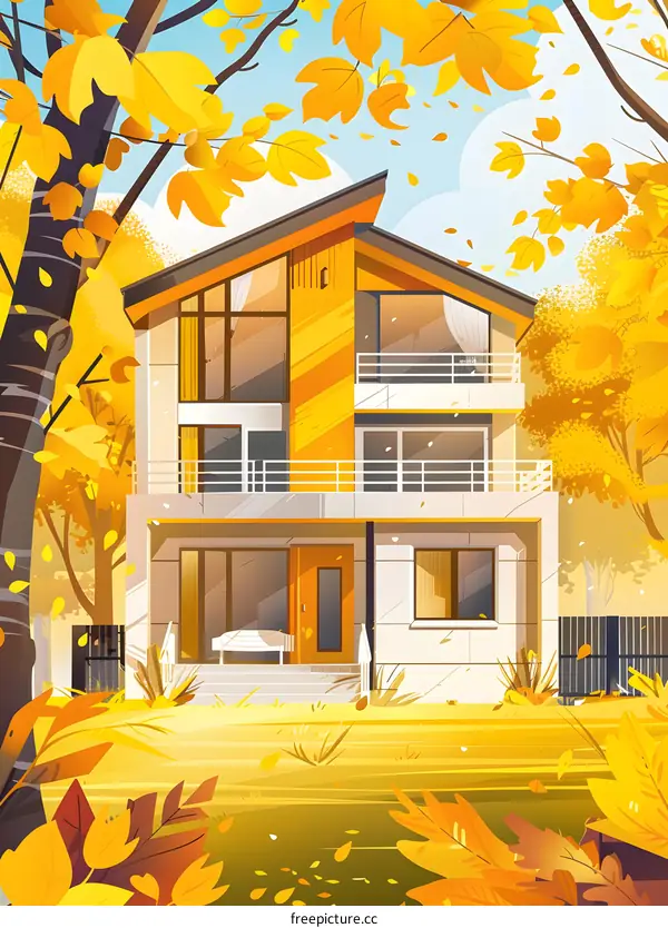 Autumn Leaves Falling on a Yellow House