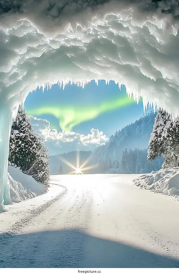 Snowy Landscape With Northern Lights Seen Through An Ice Cave