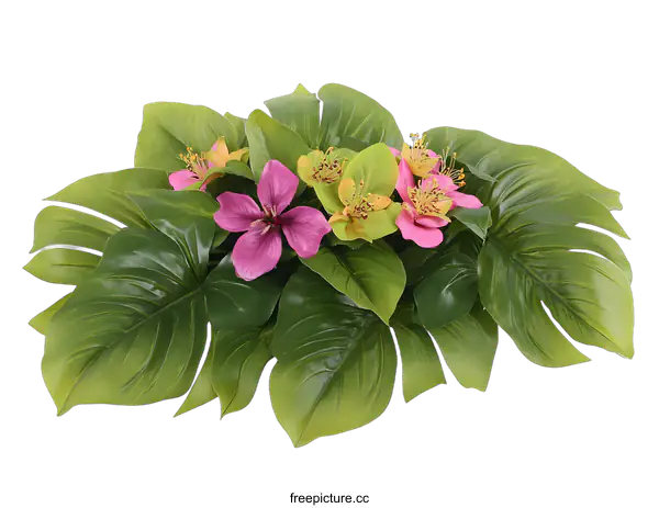 [Transparent Background PNG]Artificial Green Plant with Pink and Yellow Flowers