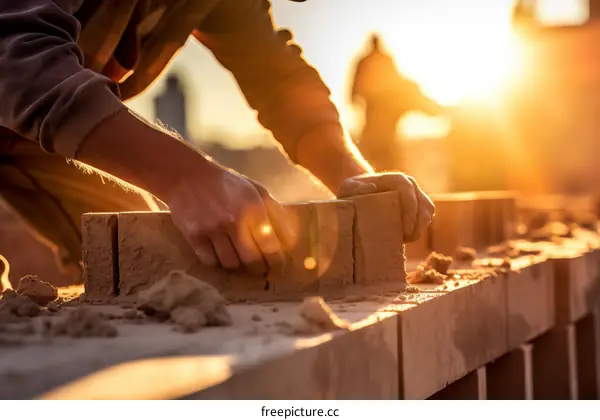 Construction workers laying bricks on a building site