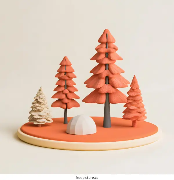 Minimalist 3D Illustration of Autumn Forest Scene with Orange and White Trees on a Circular Platform