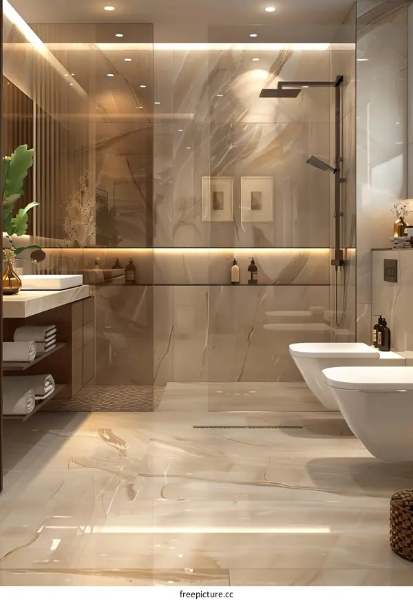 Modern bathroom interior design with marble tiles