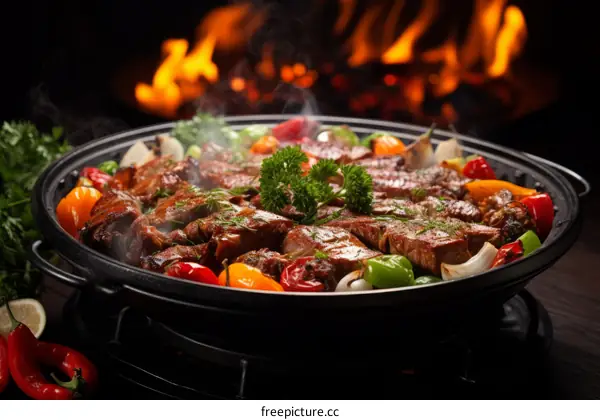 A variety of grilled meats and vegetables on a hot plate with flames in the background