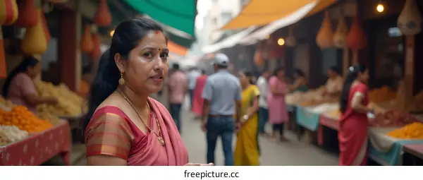 Indian Woman Standing in a Busy Market