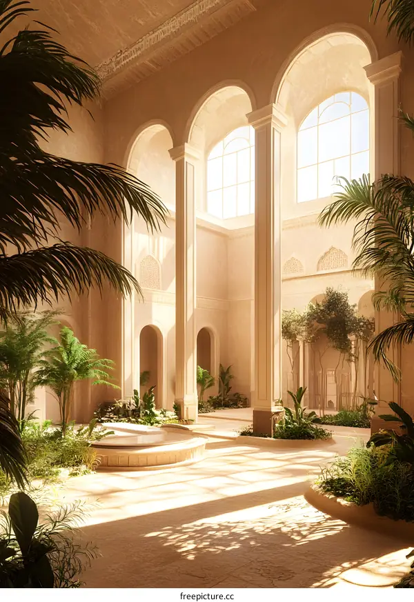 Interior Design of a  Palace Courtyard with Arched Windows and Palm Trees