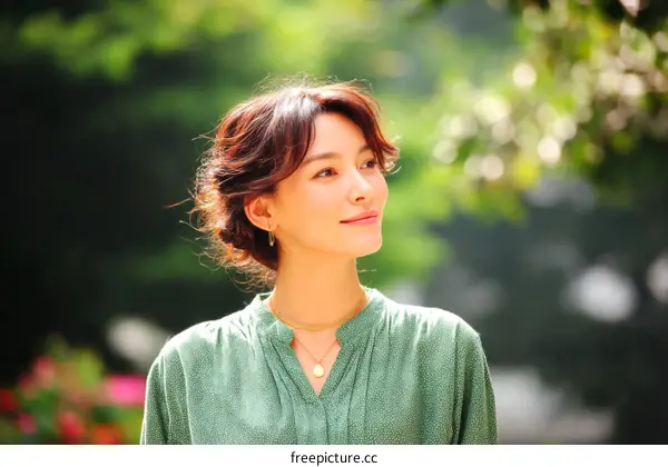 Asian woman outdoors in a green blouse