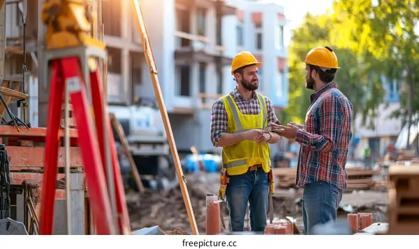 Construction Workers Discussing Project on Construction Site