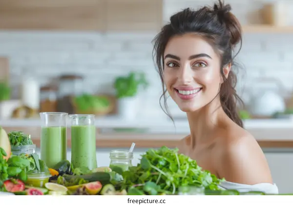 A young woman is smiling in front of a table full of healthy food.