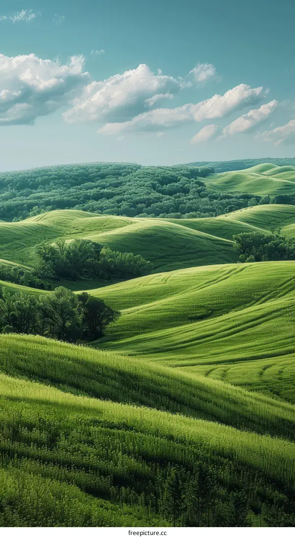 Picturesque green rolling hills landscape with blue sky and clouds