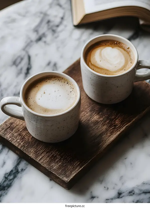 Two Cups of Latte Art on a Wooden Tray