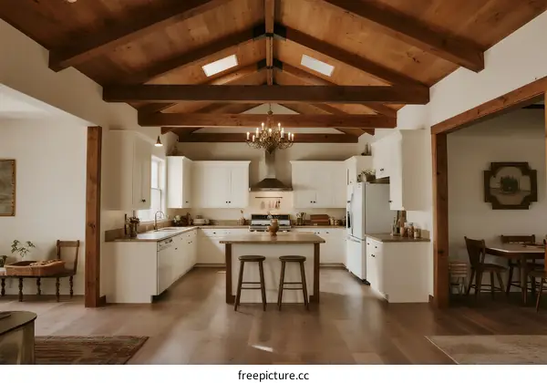 Spacious kitchen with wooden beams and modern cabinetry