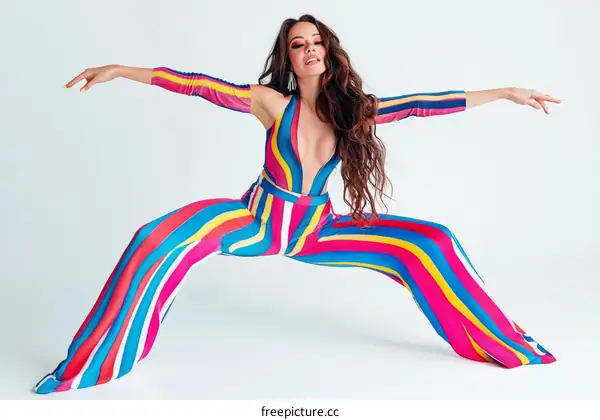 Stylish Woman in Colorful Striped Jumpsuit