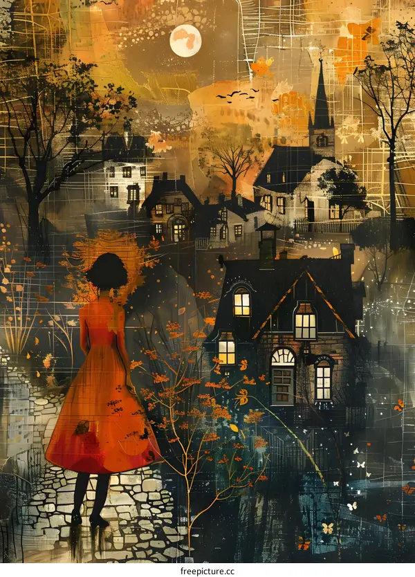 Girl in red dress walking in the autumn village