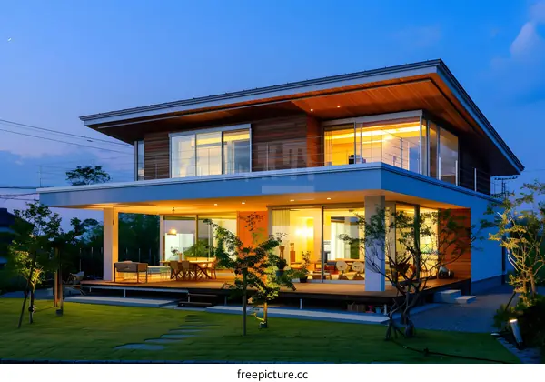 Modern House with Deck and Lawn at Twilight