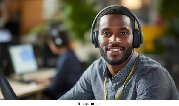 Smiling Businessman with Headphones in Office