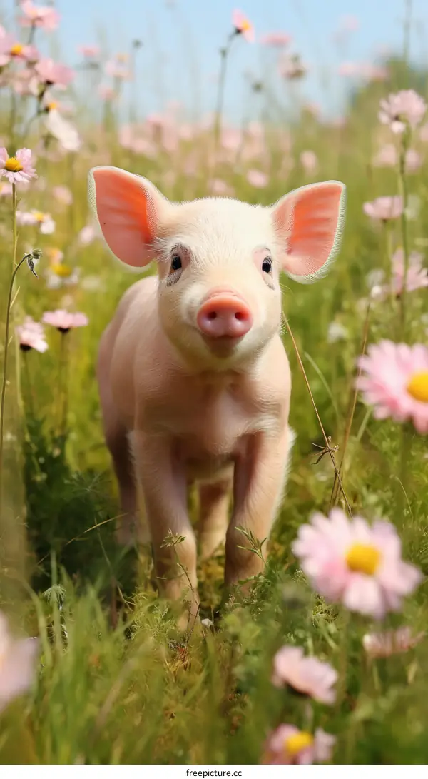 A cute pink piglet standing in a field of pink and white flowers