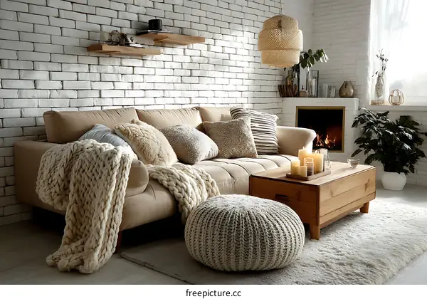 Cozy Living Room with Beige Sofa and Knitted Throw