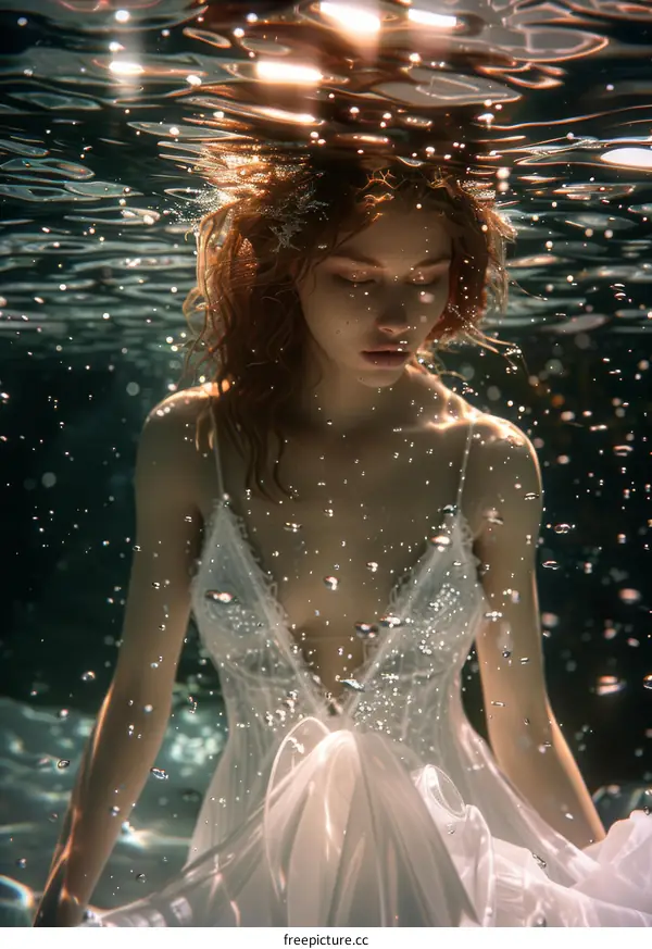 Redhead Woman Floating Underwater in a White Dress
