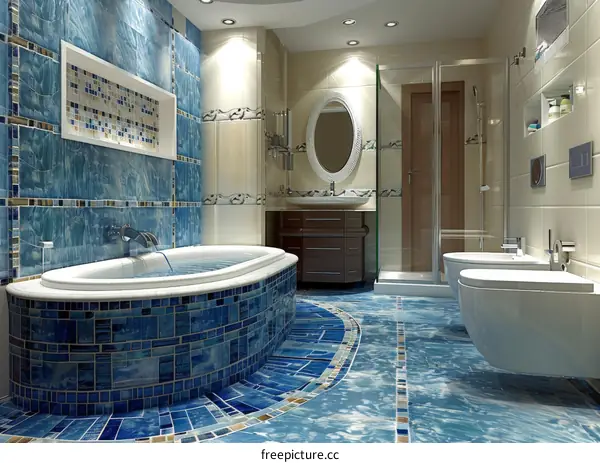 Blue and White Bathroom Suite with Glass Shower Enclosure