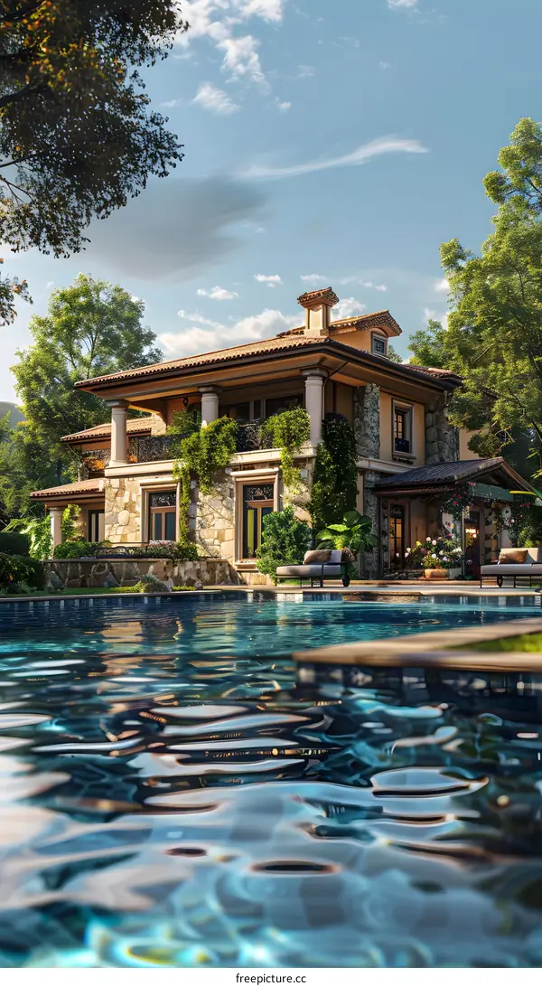 An illustration of a beautiful house with a swimming pool