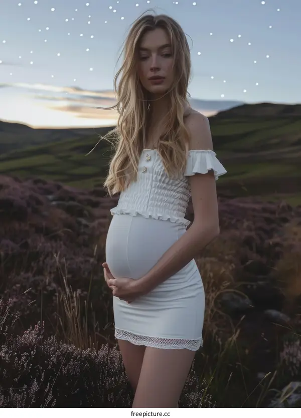 Pregnant woman standing in a field of purple flowers