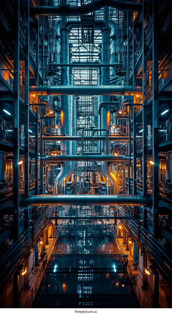 A view of the labyrinthine network of pipes and walkways making up this industrial building's interior