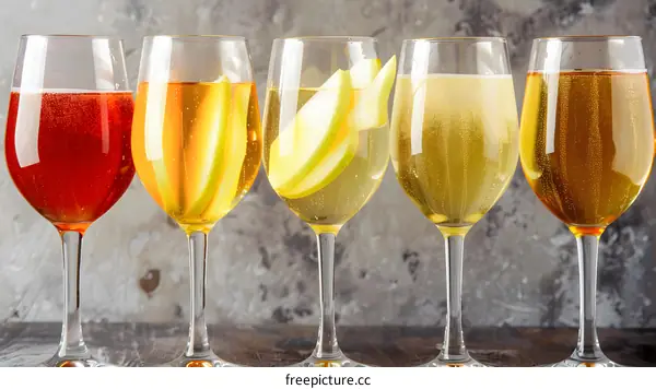 Five Glasses of Sparkling Wine with Pear Slices
