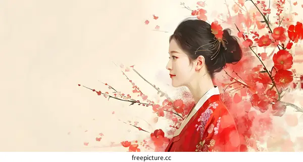 A beautiful Asian woman in a red kimono standing in a field of cherry blossoms.