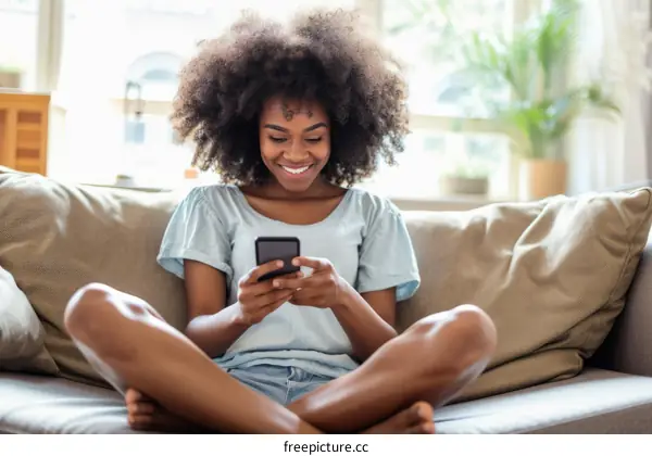 Smiling young African-American woman using smartphone at home