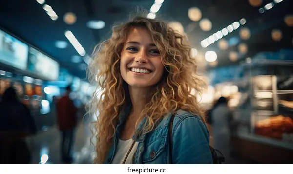 Portrait of a smiling young woman with curly blond hair wearing a blue denim jacket