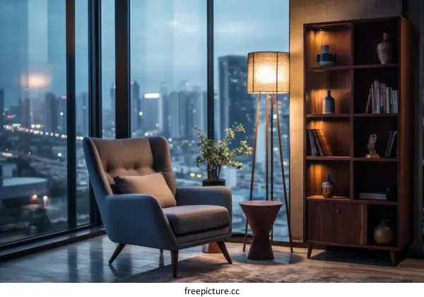 A cozy reading nook with a view of the city