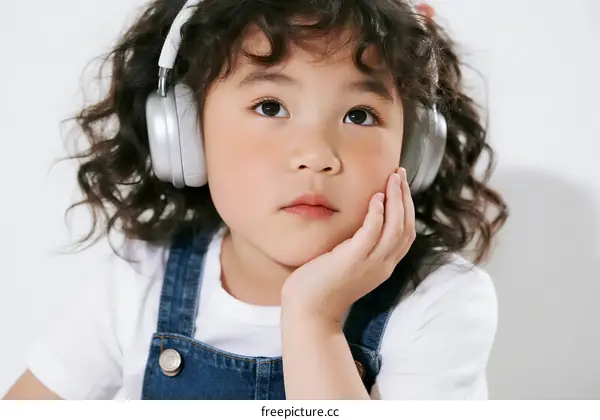 Little girl wearing headphones and resting her chin on hand