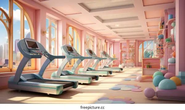 Pastel Pink Home Gym with Windows and Views