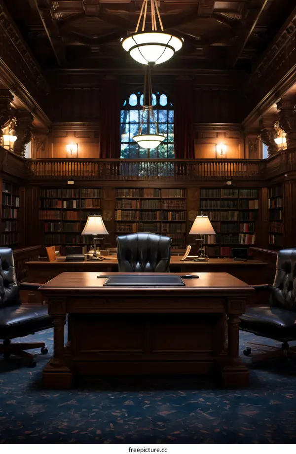 Vintage library room with wooden table and chairs