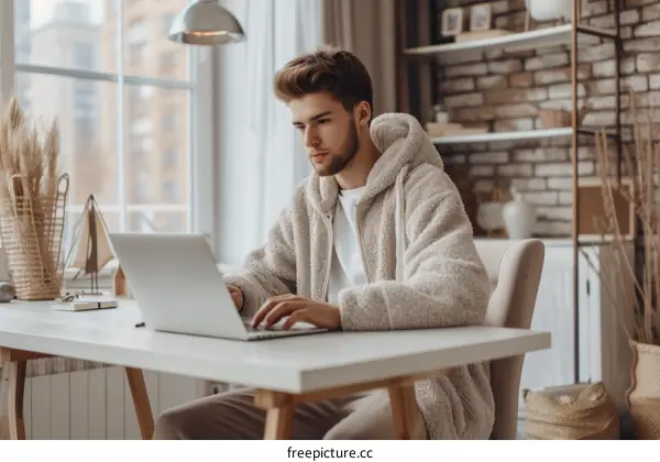 Young man working on laptop in home office