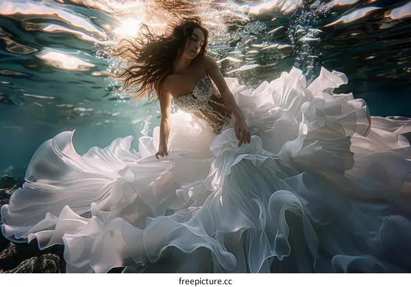 An Underwater Portrait of a Woman in a White Wedding Dress