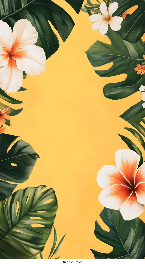 Tropical Floral Border With Yellow Background