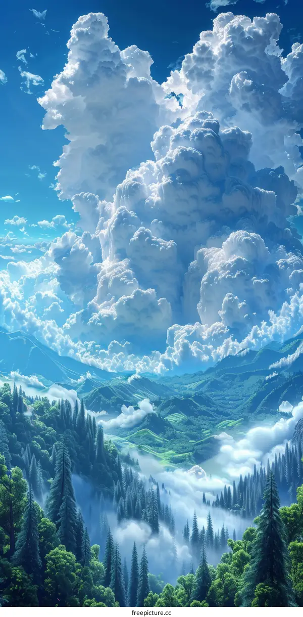 Fantasy Forest Landscape with Clouds and Mountains