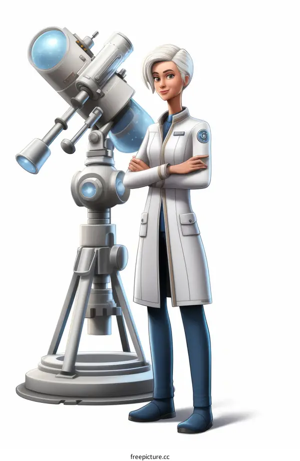 A scientist in a lab coat standing next to a telescope